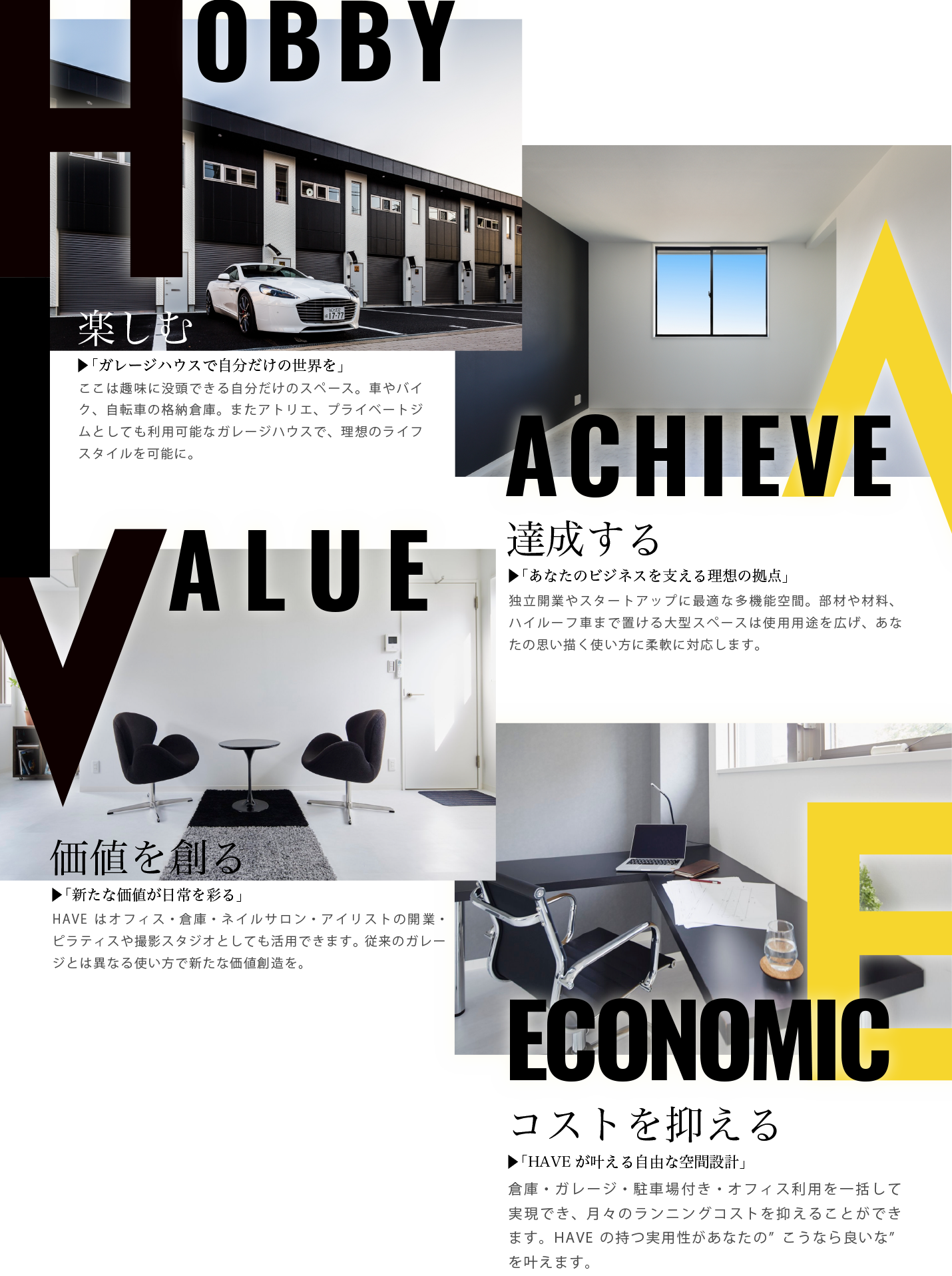 HOBBY楽しむ,ACHIEVE達成する,VALUE価値を創る,ECONOMICコストを抑える